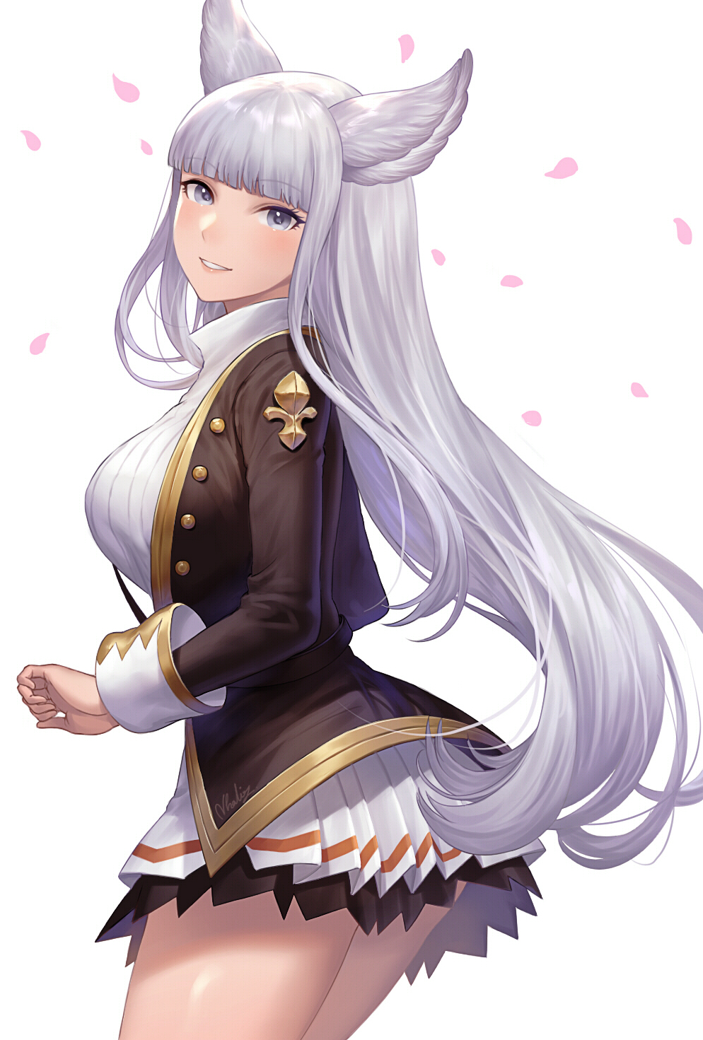 1girl animal_ears bangs blue_eyes blunt_bangs blush breasts brown_jacket cowboy_shot erune eyebrows_visible_through_hair granblue_fantasy highres jacket korwa large_breasts leaning_forward long_hair long_sleeves miniskirt natsuyu open_clothes open_jacket parted_lips petals pleated_skirt sidelocks silver_hair simple_background skirt sleeve_cuffs smile solo sweater thighs turtleneck turtleneck_sweater unbuttoned very_long_hair white_background white_skirt white_sweater