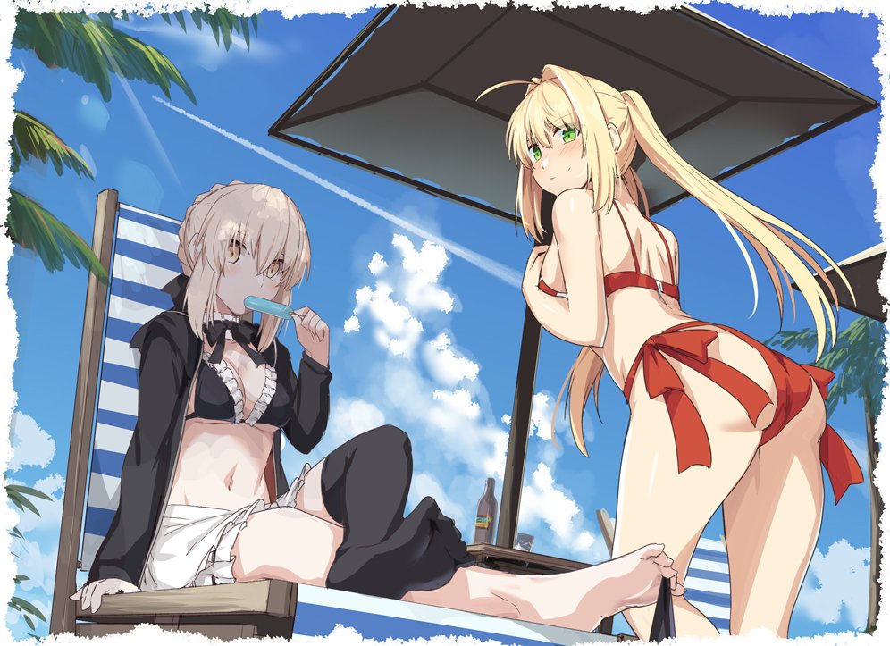 2girls ahoge artoria_pendragon_(all) artoria_pendragon_(swimsuit_archer) ass bangs beach_umbrella bikini black_bikini_top black_jacket black_legwear black_neckwear black_ribbon blonde_hair blue_sky blush breasts chair cleavage clouds day eating eyebrows_visible_through_hair fate/grand_order fate_(series) food foot_hold frilled_bikini_top green_eyes hair_intakes hand_on_own_chest holding holding_food jacket leaning_forward legs_crossed long_sleeves looking_at_viewer looking_back lounge_chair medium_breasts multiple_girls navel neck_ribbon nero_claudius_(fate)_(all) nero_claudius_(swimsuit_caster)_(fate) open_clothes open_jacket outdoors popsicle red_bikini red_ribbon ribbon shiseki_hirame short_hair side-tie_bikini sidelocks single_thighhigh sitting skirt sky standing stomach swimsuit thigh-highs twintails umbrella under_boob white_skirt yellow_eyes