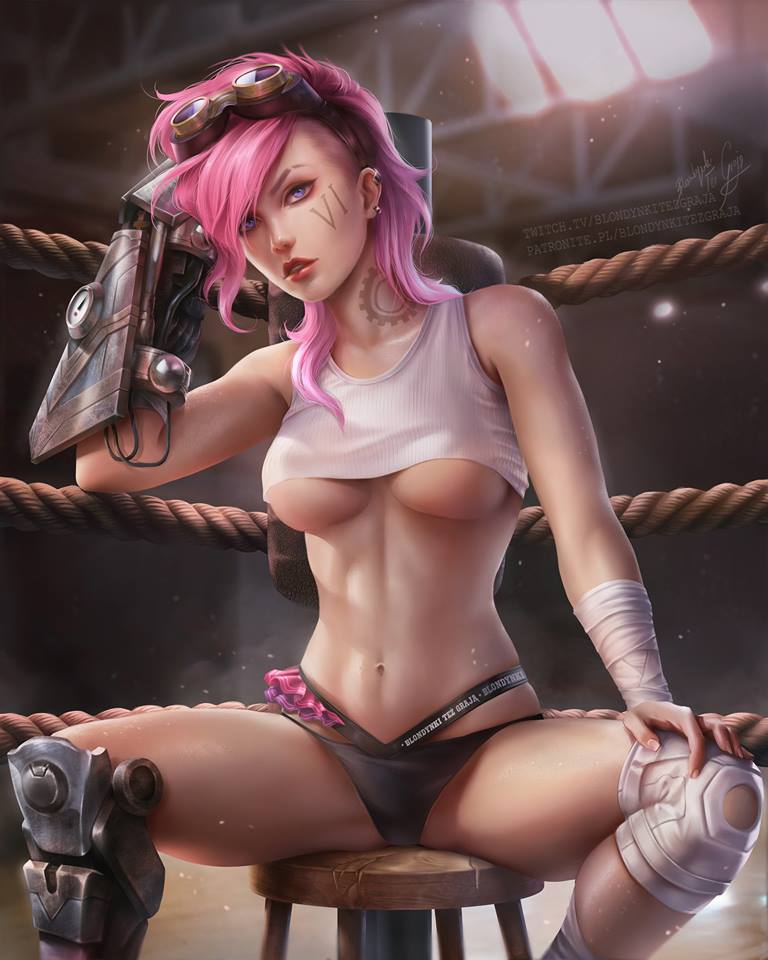 1girl abs arm_wrap blondynkitezgraja boxing_ring breasts crop_top earrings gauntlets goggles goggles_on_head jewelry knee_brace league_of_legends navel panties pink_hair sitting steampunk stool tattoo under_boob underwear vi_(league_of_legends) violet_eyes