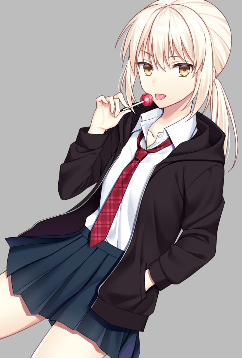 1girl alternate_costume artoria_pendragon_(all) bangs black_jacket blonde_hair breasts candy collarbone commentary_request eyebrows_visible_through_hair fate/grand_order fate/stay_night fate_(series) food hand_in_pocket highres holding_lollipop jacket legs lollipop long_sleeves looking_at_viewer medium_hair necktie pleated_skirt ponytail saber_alter shino_skk shirt simple_background skirt small_breasts solo thighs tongue tongue_out white_shirt yellow_eyes