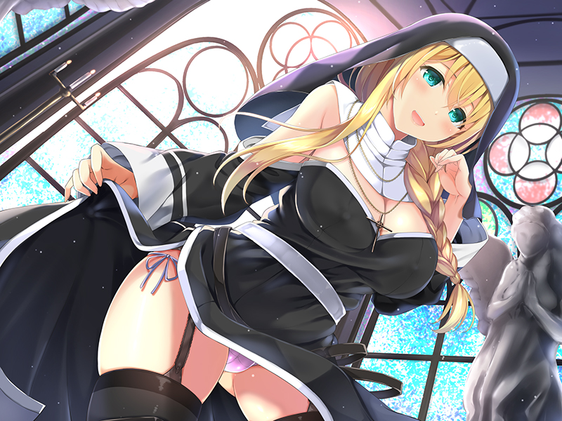 1girl angel_statue aqua_eyes black_legwear blonde_hair braid breasts cleavage detached_sleeves from_below garter_straps habit indoors jewelry large_breasts lifted_by_self long_hair long_sleeves necklace nun open_mouth original panties pantyshot pantyshot_(standing) sister_emilia skirt skirt_lift smile solo standing statue thigh-highs underwear white_panties window yukimochi_kinako