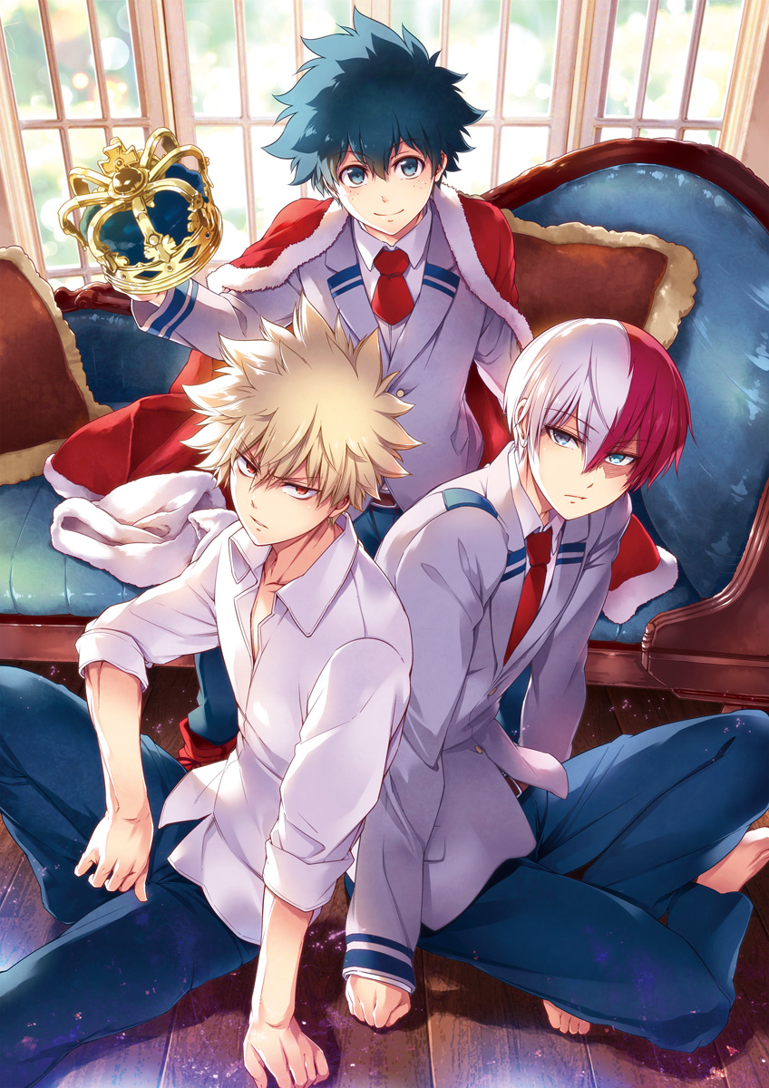 3boys bakugou_katsuki barefoot blazer blonde_hair blue_eyes boku_no_hero_academia cape collared_shirt couch crown freckles green_eyes green_hair grey_eyes heterochromia highres jacket male_focus midoriya_izuku multicolored_hair multiple_boys necktie omega_2-d red_eyes redhead school_uniform shirt sitting smile todoroki_shouto two-tone_hair u.a._school_uniform white_hair window