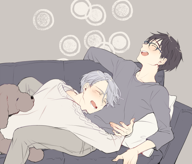 2boys ^_^ black_hair blue-framed_eyewear closed_eyes closed_eyes couch dog glasses hug katsuki_yuuri kuroemon lying makkachin male_focus multiple_boys on_stomach open_mouth silver_hair sitting smile sweater viktor_nikiforov waist_hug yuri!!!_on_ice