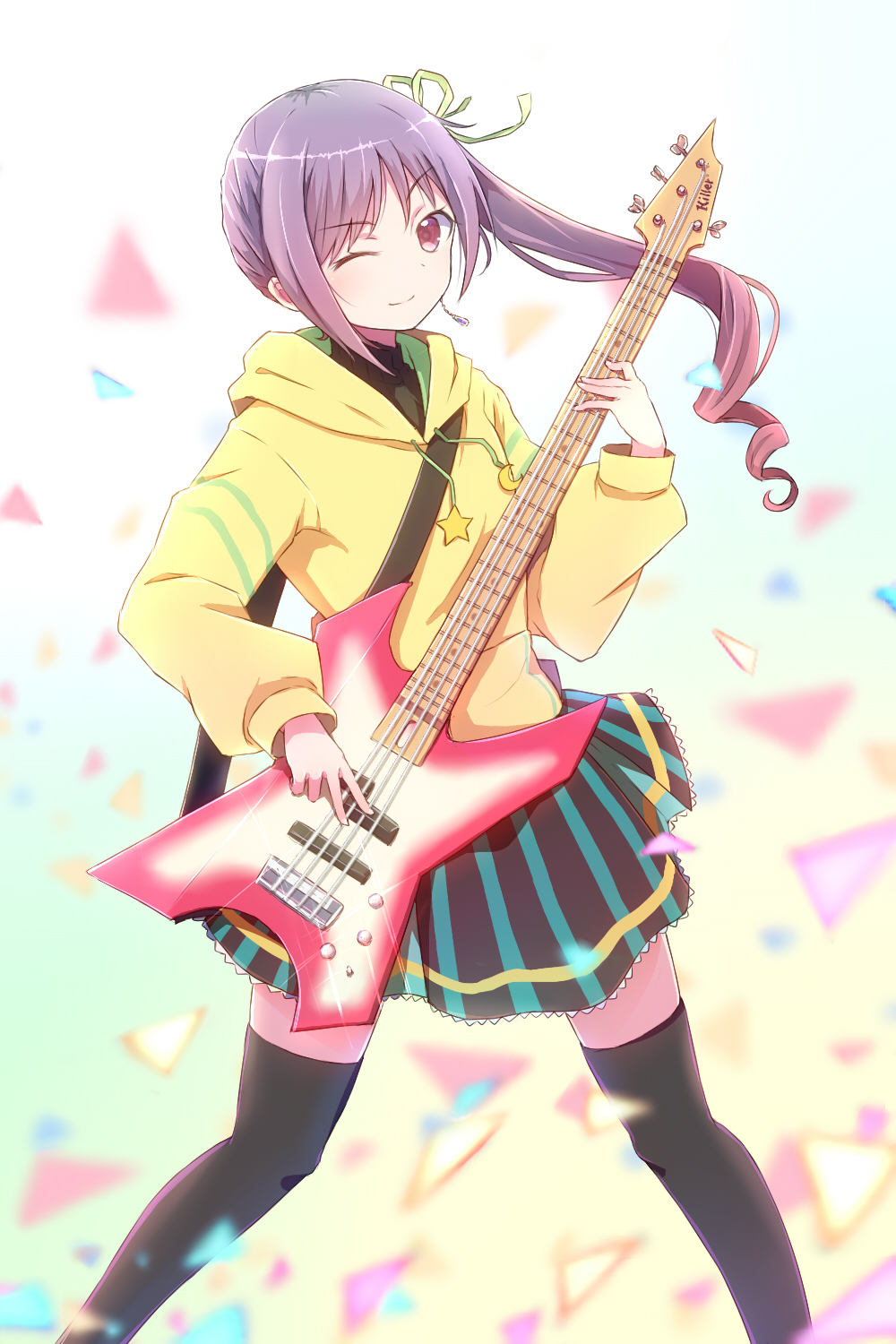 1girl ;) asymmetrical_hair bass_guitar black_legwear confetti drill_hair eyebrows_visible_through_hair green_ribbon hair_ribbon highres instrument jewelry kaede_tomomi long_hair long_sleeves miniskirt music one_eye_closed playing_instrument pochita purple_hair raramagi ribbon side_ponytail single_earring skirt smile solo standing thigh-highs violet_eyes yellow_hoodie zettai_ryouiki