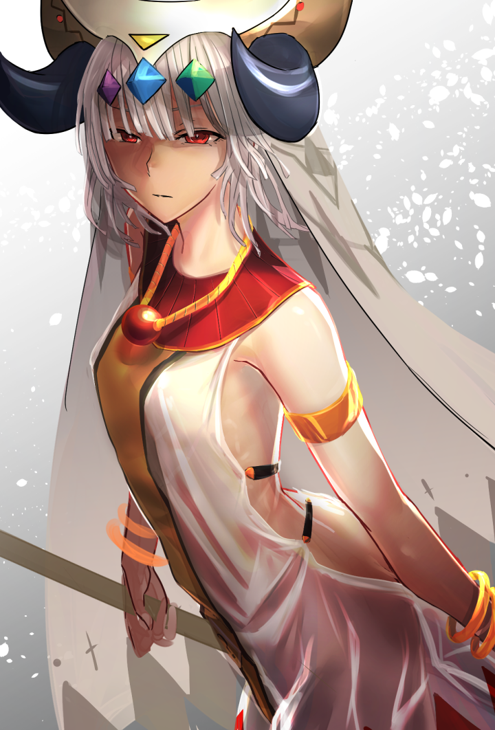 1girl altera_(fate) ass back bare_shoulders bracelet breasts dark_skin fate/grand_order fate_(series) hair_ornament holding horns i-pan jewelry red_eyes short_hair solo veil white_hair