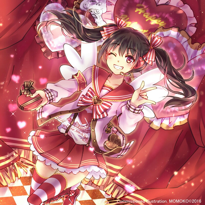 1girl 2016 black_hair bow bow_print box checkered checkered_floor collarbone commission floating_hair frilled_legwear grin hair_bow hair_ornament happy_valentine heart heart-shaped_box heart_hair_ornament heart_print holding_bow leg_up long_hair looking_at_viewer love_live! love_live!_school_idol_project microphone miniskirt momoko_(momoko14) one_eye_closed pleated_skirt print_shirt red_eyes red_sailor_collar red_skirt sailor_collar shirt skirt smile solo standing standing_on_one_leg striped striped_bow striped_legwear thigh-highs twintails very_long_hair white_shirt yazawa_nico