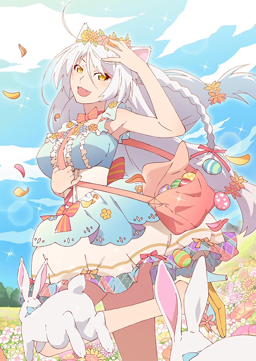 1girl :3 animal animal_ears artist_request bag black_hanekawa bow bowtie braid breasts cat_ears day dress easter_egg egg fangs flower hair_flower hair_ornament hanekawa_tsubasa high_heels highres large_breasts long_hair looking_at_viewer monogatari_(series) official_art open_mouth rabbit shoulder_bag slit_pupils smile solo source_request standing standing_on_one_leg very_long_hair white_hair yellow_eyes