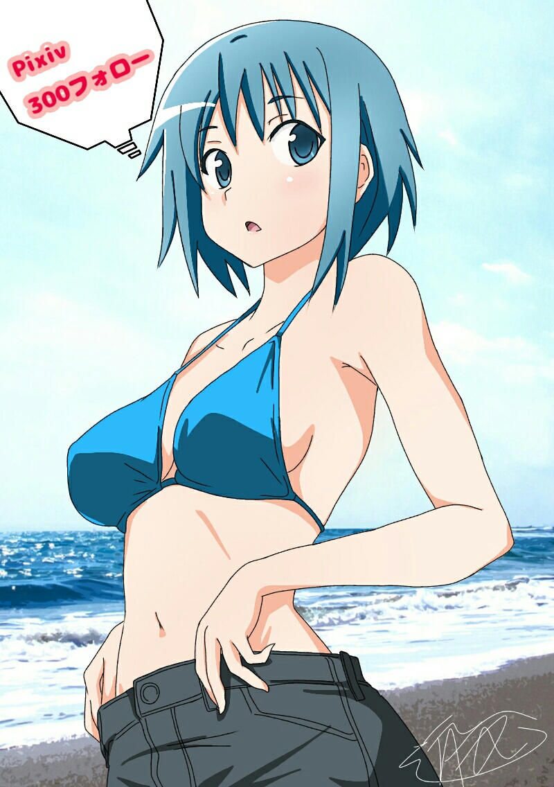 1girl alternate_costume bikini bikini_top blue_bikini blue_eyes blue_hair blush breasts cowboy_shot dutch_angle looking_at_viewer mahou_shoujo_madoka_magica medium_breasts miki_sayaka navel ocean open_mouth shore short_hair sideboob signature solo sora_nyan swimsuit thought_bubble water