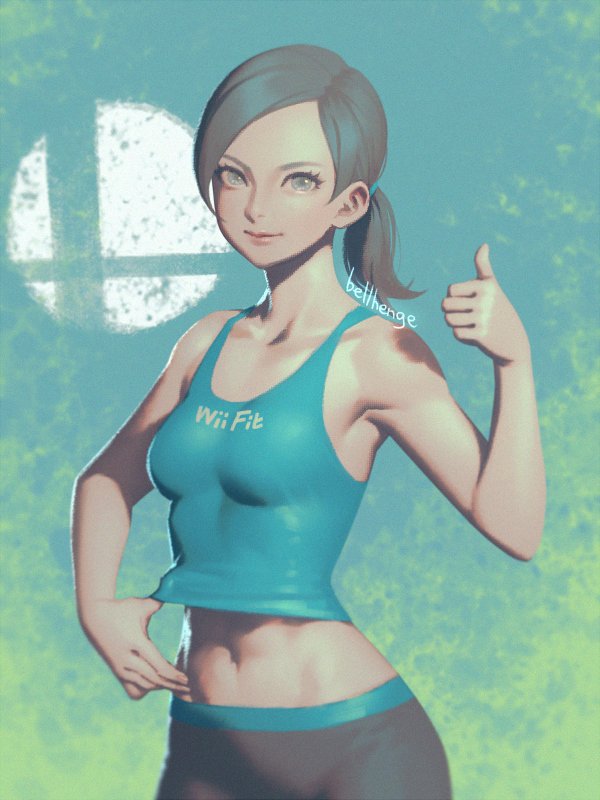 1girl barefoot bellhenge black_hair capri_pants grey_eyes long_hair looking_at_viewer nintendo pants ponytail smile solo spandex super_smash_bros. tank_top thumbs_up white_skin wii_fit wii_fit_trainer