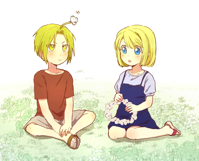 1boy 1girl :o ahoge blonde_hair blue_eyes blush bug butterfly butterfly_on_hair clover dress edward_elric expressionless eyes_visible_through_hair fingernails fullmetal_alchemist grass grey_shirt head_wreath holding insect legs_crossed looking_at_another puffy_sleeves red_shirt sandals seiza shirt short_hair short_sleeves shorts simple_background sitting sleeveless sleeveless_dress tsukuda0310 white_background winry_rockbell yellow_eyes younger