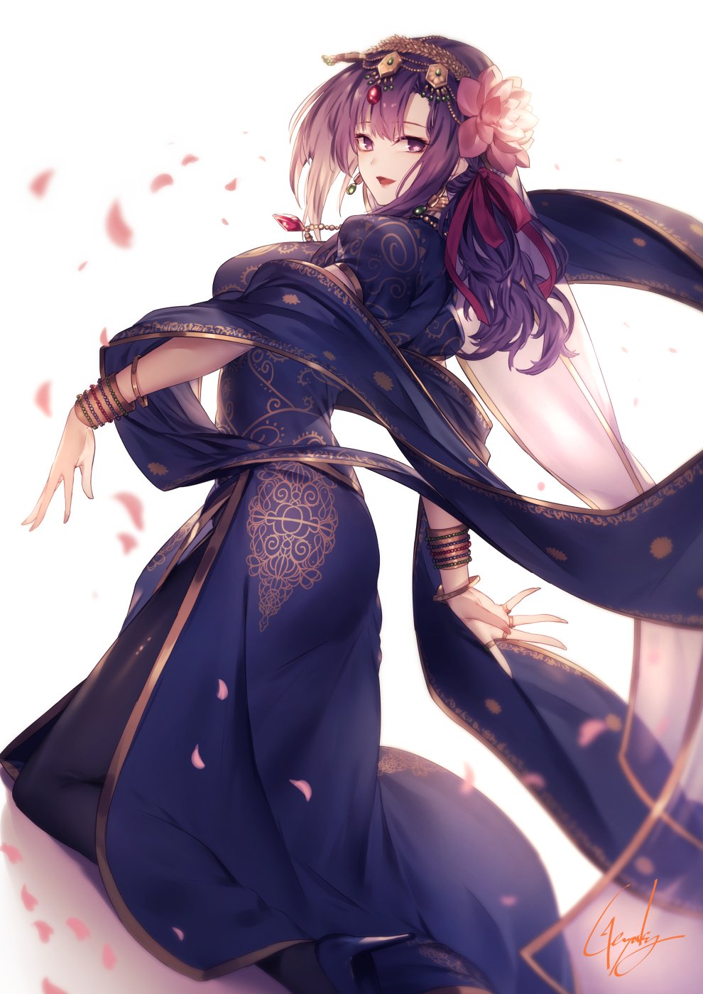 1girl blush bracelet bracer breasts commentary_request dress earrings fate/grand_order fate_(series) highres jewelry kyouya_(mukuro238) large_breasts long_hair looking_at_viewer matou_sakura necklace open_mouth parvati_(fate/grand_order) petals puffy_short_sleeves puffy_sleeves purple_dress purple_hair red_ribbon ribbon ruby_(gemstone) shawl short_sleeves signature simple_background smile solo standing violet_eyes white_background wind