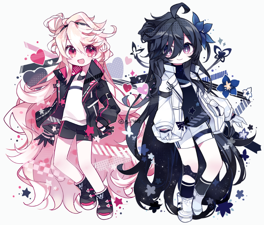 2girls absurdly_long_hair ahoge alternate_costume artist_name bangs black_footwear black_gloves black_hair black_jacket black_legwear black_shorts bug butterfly elsword eternity_winner_(elsword) eyebrows_visible_through_hair flower g_ieep gloves hair_between_eyes hair_flower hair_ornament hairband headband heart insect jacket laby_(elsword) long_hair messy_hair multiple_girls nisha_(elsword) nisha_labyrinth_(elsword) pink_eyes pink_hair shorts signature smile very_long_hair violet_eyes white_background white_footwear white_gloves white_jacket white_shorts