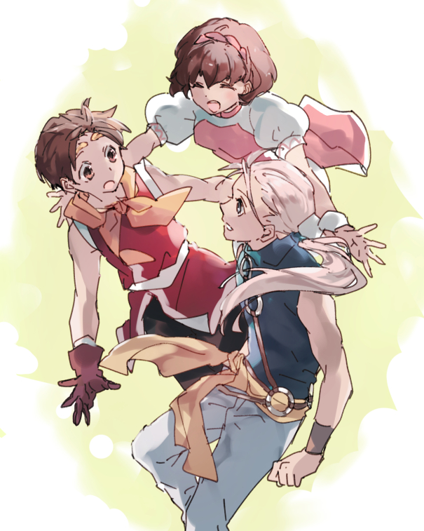 1girl 2boys breasts brown_hair closed_eyes commentary_request dress gensou_suikoden gensou_suikoden_ii gloves hairband hamagurihime jowy_atreides-blight multiple_boys nanami_(suikoden) open_mouth pants riou shirt short_hair smile