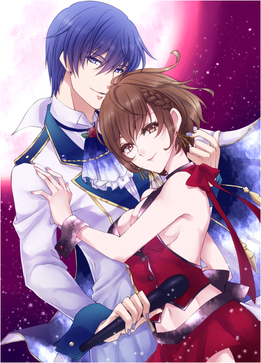 1boy 1girl blue_eyes blue_hair bow braid breasts brown_eyes brown_hair cleavage couple earrings flower gradient_neckwear holding holding_microphone jacket jewelry kaito looking_at_viewer medium_breasts meiko microphone midriff miniskirt moon navel pleated_skirt red_bow red_flower red_rose red_skirt rose sideboob single_braid skirt sleeveless smile stomach tonyo_(milky_crown) vocaloid white_jacket wrist_cuffs