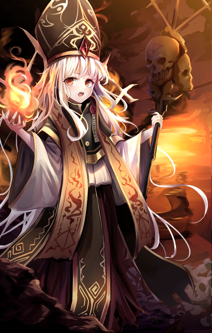 1girl amae2366 black_headwear bone brown_background fire full_body gold_trim hat holding holding_staff jewelry long_hair looking_at_viewer open_mouth red_eyes ring skull staff standing very_long_hair vestments water white_hair wide_sleeves witch