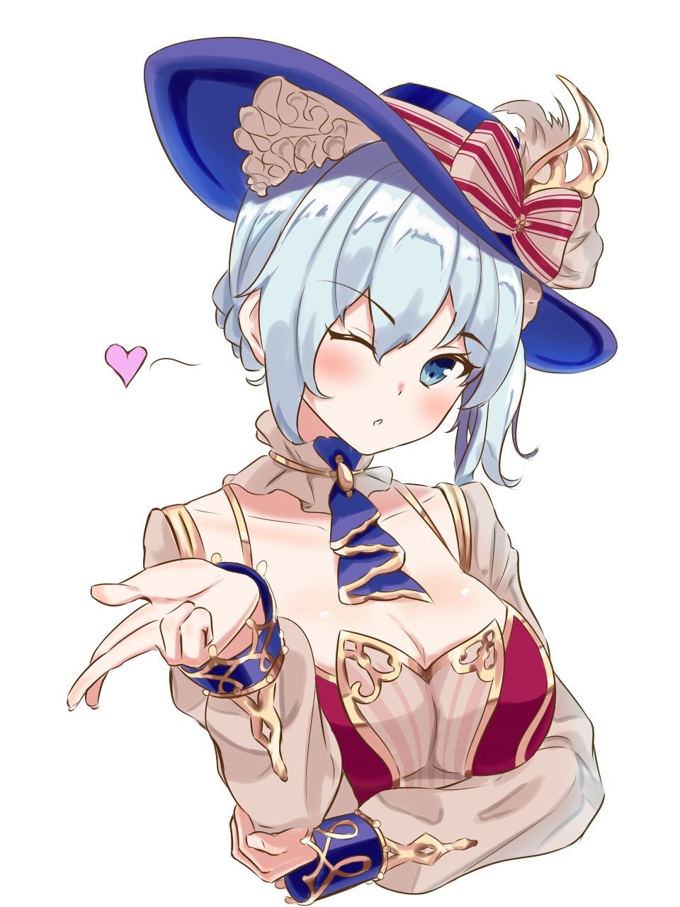 1girl atelier_(series) bangs blown_kiss blue_eyes blue_hair blue_headwear blue_neckwear blush bow breasts cleavage hand_up hat hat_bow highres large_breasts long_sleeves looking_at_viewer nelke_to_densetsu_no_renkinjutsushi_tachi nelke_von_luchetam one_eye_closed short_hair side_ponytail simple_background solo striped striped_bow uhouhogorigori upper_body white_background