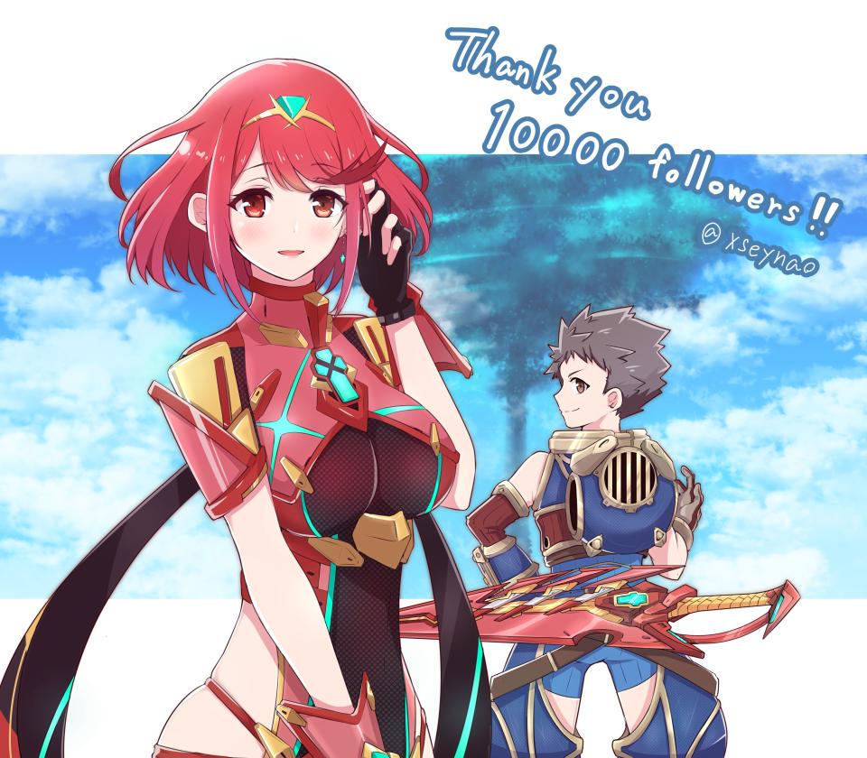 1boy 1girl armor bangs blush breasts brown_hair closed_mouth clouds commentary covered_navel day earrings fingerless_gloves gem gloves hair_ornament headpiece headwear_removed helmet helmet_removed pyra_(xenoblade) jewelry large_breasts looking_at_viewer looking_back mochimochi_(xseynao) nintendo open_mouth red_eyes red_shorts redhead rex_(xenoblade_2) shirt short_hair shorts shoulder_armor sky smile swept_bangs sword tiara tree twitter_username weapon xenoblade_(series) xenoblade_2 yellow_eyes