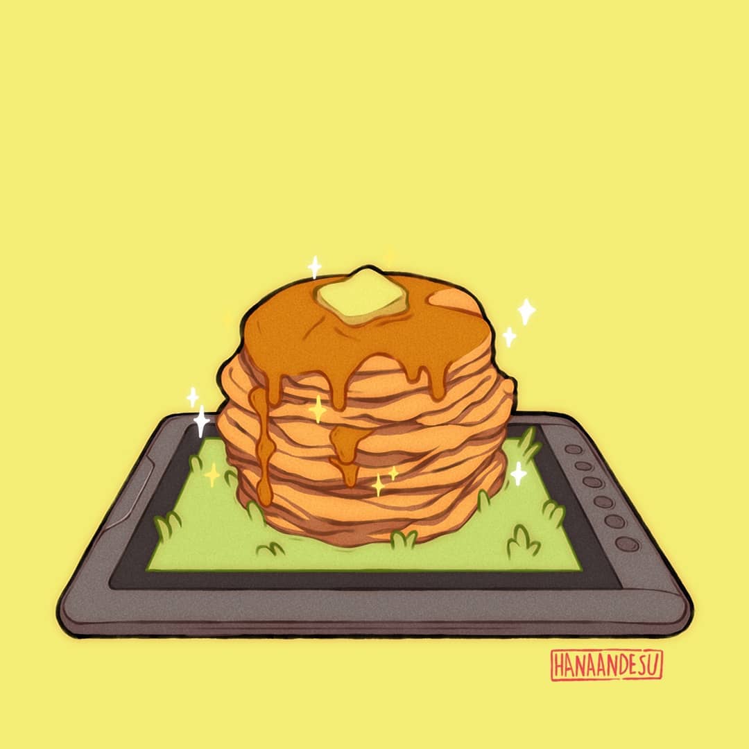 butter drawing_tablet food grass hanaan no_humans original pancake simple_background sparkle stack_of_pancakes syrup tablet_pc yellow_background