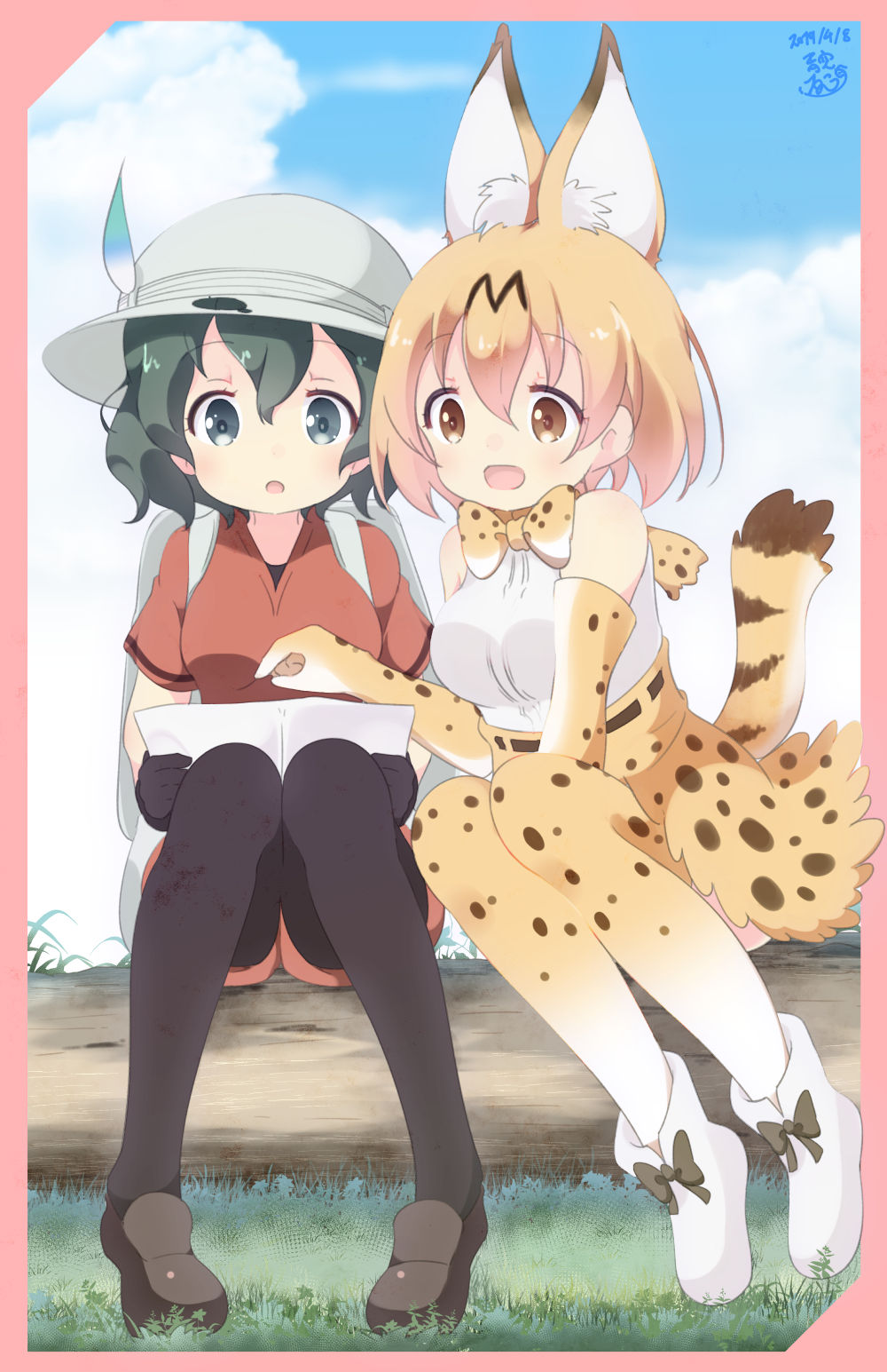 2girls animal_ear_fluff animal_ears aosora_neko backpack bag bare_shoulders belt black_hair black_legwear blonde_hair blue_eyes boot_bow boots bow bowtie commentary_request elbow_gloves eyebrows_visible_through_hair gloves hat_feather helmet high-waist_skirt highres kaban_(kemono_friends) kemono_friends knees_together_feet_apart loafers log multicolored_hair multiple_girls pantyhose pith_helmet pointing print_gloves print_legwear print_neckwear serval_(kemono_friends) serval_ears serval_print serval_tail shirt shoes short_hair short_sleeves shorts sitting skirt sleeveless t-shirt tail thigh-highs yellow_eyes