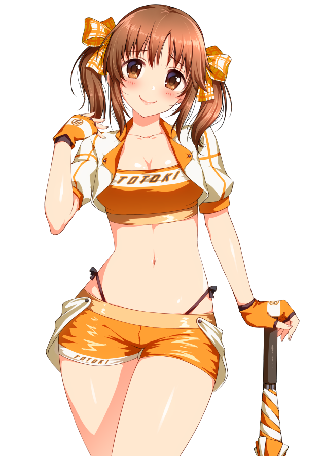 1girl bandeau bangs blush booth_babe breasts brown_eyes brown_hair cleavage closed_mouth cosplay cropped_jacket gloves hair_ribbon hand_up head_tilt highleg highleg_panties idolmaster idolmaster_cinderella_girls jacket long_hair looking_at_viewer medium_breasts midriff navel open_clothes open_jacket orange_ribbon orange_shorts panties racequeen ribbon short_shorts shorts side-tie_panties sidelocks simple_background smile solo stomach totoki_airi twintails umbrella underwear white_background yoyomura