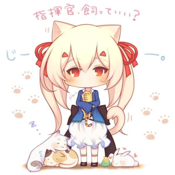 1girl animal animal_ears animal_hug ayanami_(azur_lane) azur_lane bangs bird black_footwear blonde_hair blue_jacket blush bubble_skirt cat cat_ears cat_girl cat_tail chibi eyebrows_visible_through_hair flying_sweatdrops full_body hair_between_eyes hair_ornament hair_ribbon hairclip jacket kemonomimi_mode long_hair long_sleeves looking_at_viewer rabbit red_eyes red_ribbon ribbon sakurato_ototo_shizuku shoes skirt sleeping socks solo tail translation_request twintails very_long_hair white_background white_legwear white_skirt wide_sleeves zzz