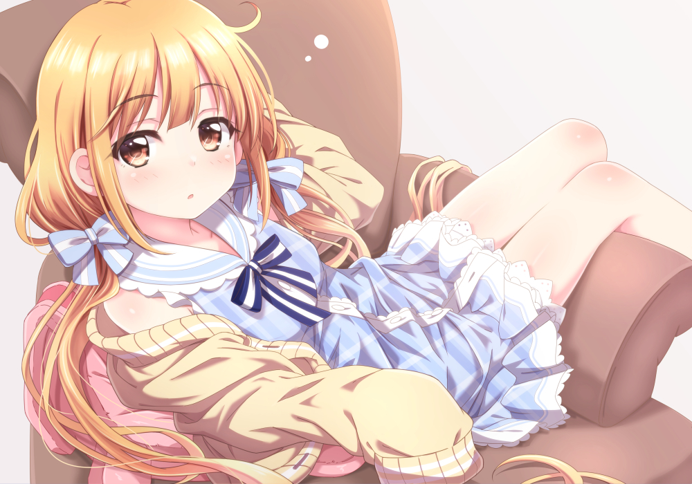 1girl :o armchair ayase_midori bangs blonde_hair blue_bow blue_dress blush bow brown_eyes brown_jacket chair commentary_request dress eyebrows_visible_through_hair futaba_anzu grey_background hair_bow idolmaster idolmaster_cinderella_girls jacket long_hair long_sleeves looking_at_viewer looking_to_the_side low_twintails lying off_shoulder on_back on_chair open_clothes open_jacket parted_lips plaid plaid_dress simple_background sleeveless sleeveless_dress sleeves_past_fingers sleeves_past_wrists solo striped striped_bow twintails very_long_hair