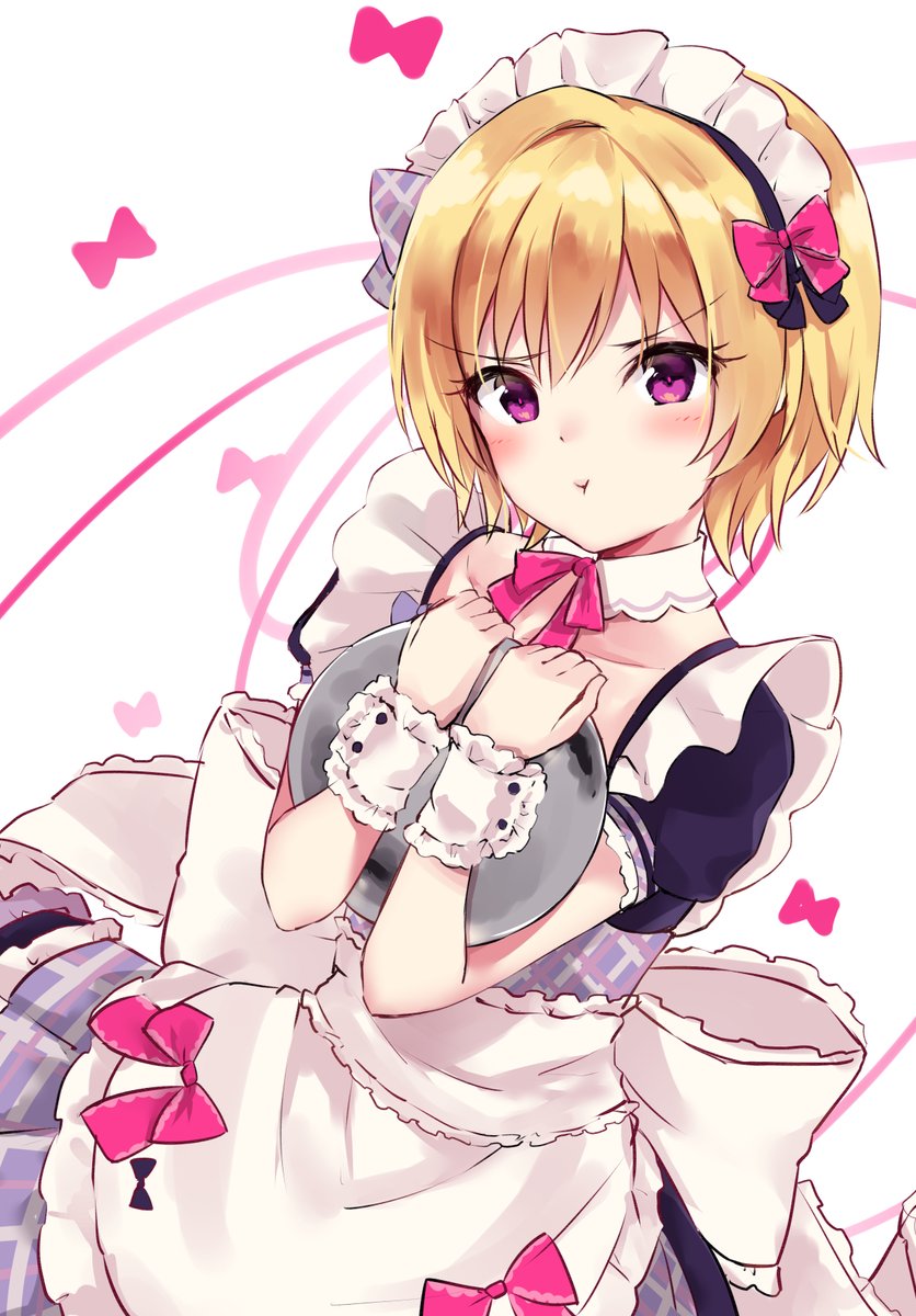 1girl :t apron bangs black_shirt blonde_hair blush bow closed_mouth collarbone eyebrows_visible_through_hair hair_between_eyes hair_bow highres holding holding_tray idolmaster idolmaster_shiny_colors maid maid_apron maid_headdress minikon pink_bow plaid plaid_skirt pleated_skirt pout puffy_short_sleeves puffy_sleeves purple_skirt saijou_juri shirt short_hair short_sleeves simple_background skirt solo tray v-shaped_eyebrows violet_eyes white_apron white_background wrist_cuffs