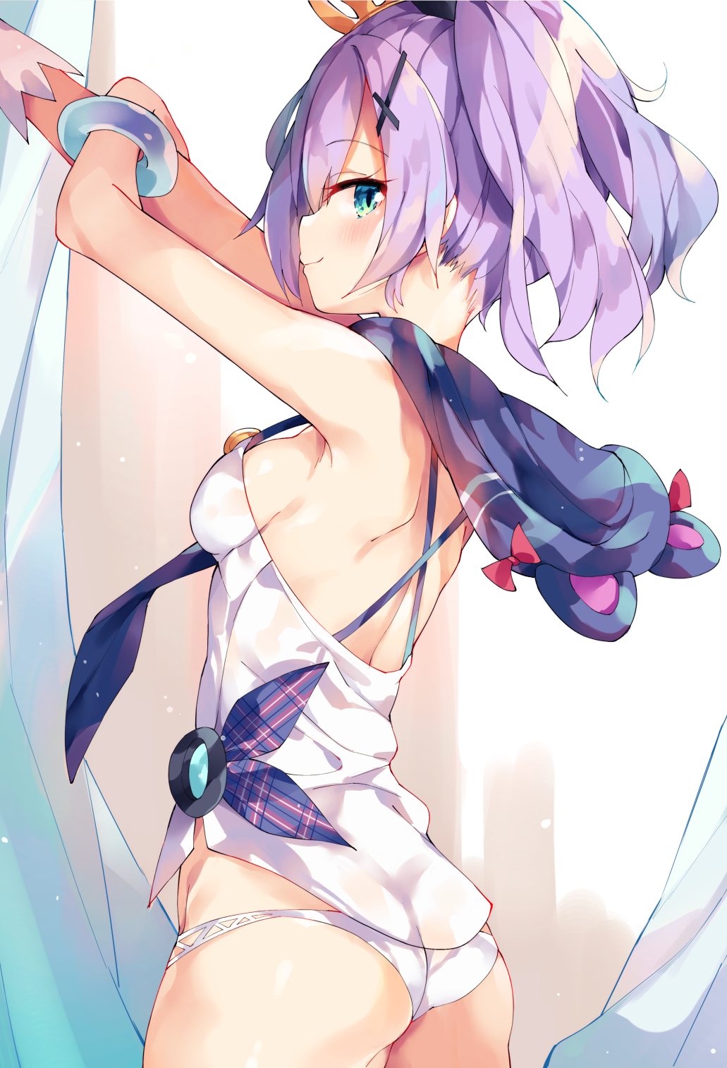 1girl arms_up ass azur_lane bangs bare_shoulders black_ribbon blush breasts camisole closed_mouth commentary_request crown eyebrows_visible_through_hair green_eyes hair_between_eyes hair_ornament hair_ribbon high_ponytail highres javelin_(azur_lane) looking_at_viewer looking_to_the_side medium_breasts mini_crown panties ponytail profile purple_hair ribbon sideboob smile solo tilted_headwear unacchi_(nyusankin) underwear white_camisole white_panties