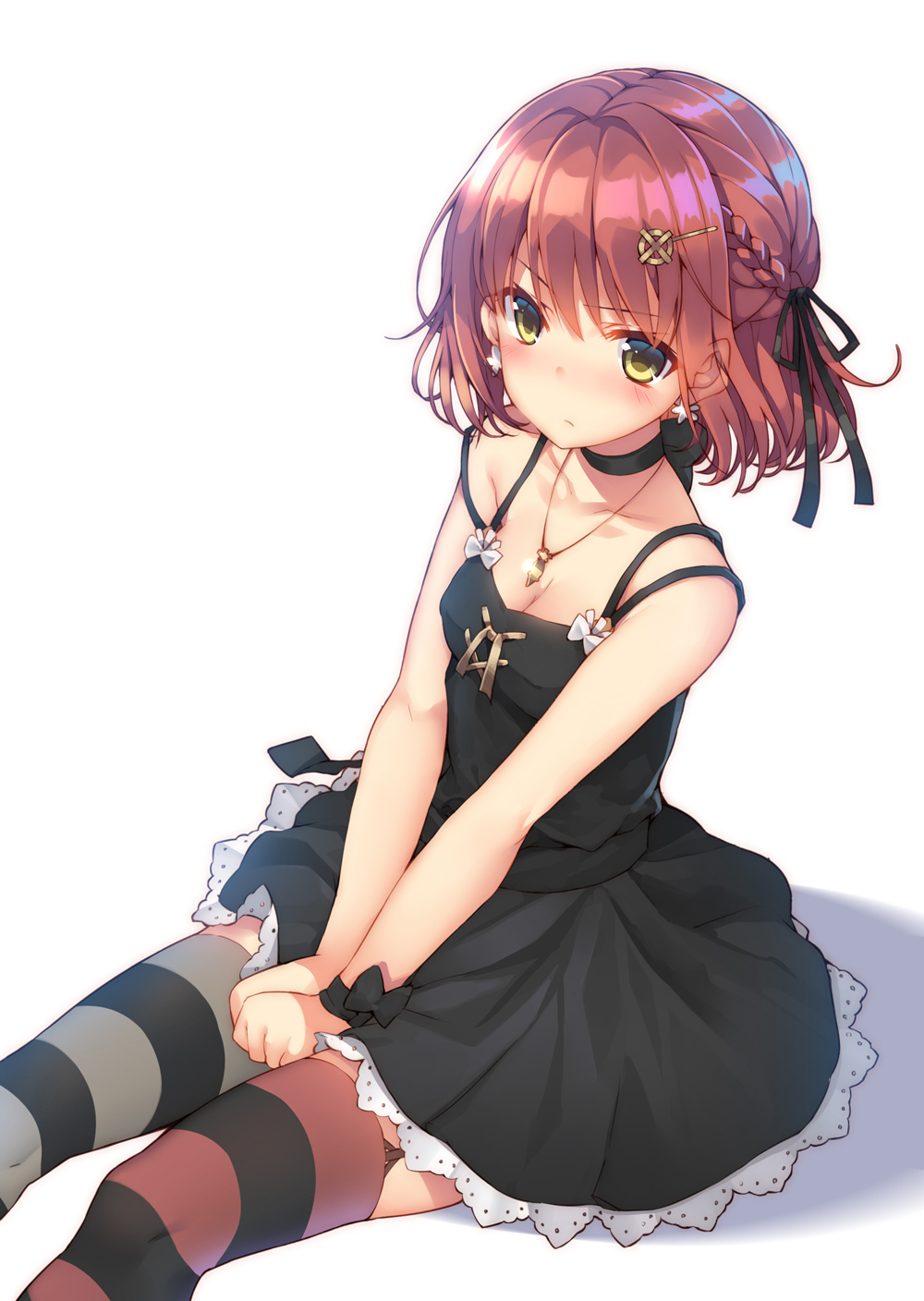 1girl bare_arms black_dress blush braid breasts choker cleavage collarbone commentary cowboy_shot dress earrings frown garter_straps green_eyes hair_ornament hair_ribbon hairclip highres jewelry kazuzu medium_breasts mismatched_legwear multiple_straps necklace original redhead ribbon shadow short_dress short_hair simple_background sitting sleeveless sleeveless_dress solo striped striped_legwear thigh-highs v_arms white_background wrist_bow