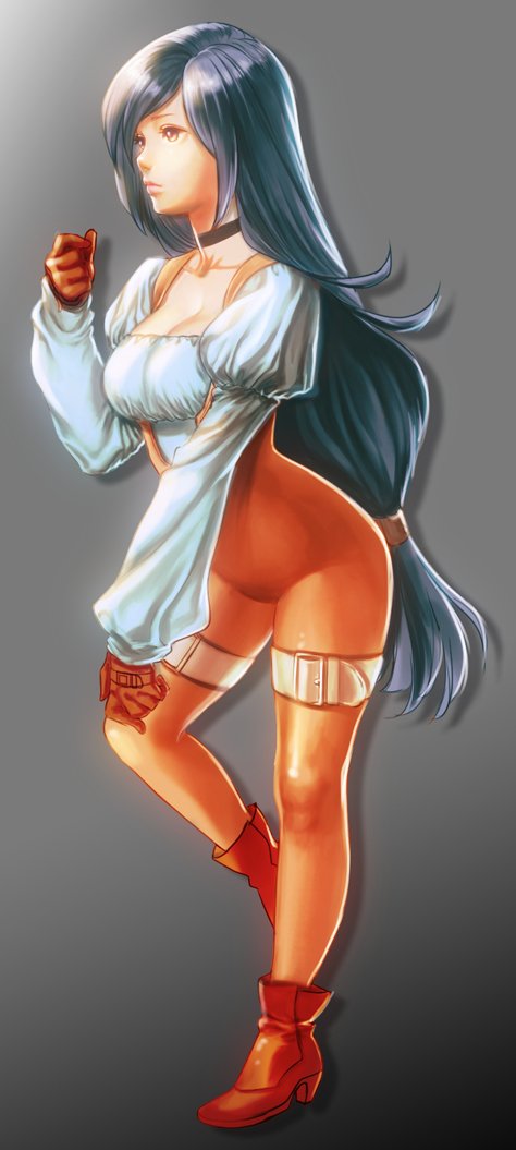 1girl ankle_boots black_hair blouse bodysuit breasts brown_eyes choker cleavage closed_mouth commentary_request female final_fantasy final_fantasy_ix full_body garnet_til_alexandros_xvii gloves juliet_sleeves latex long_hair looking_away low-tied_long_hair orange_bodysuit simple_background solo standing_on_one_leg