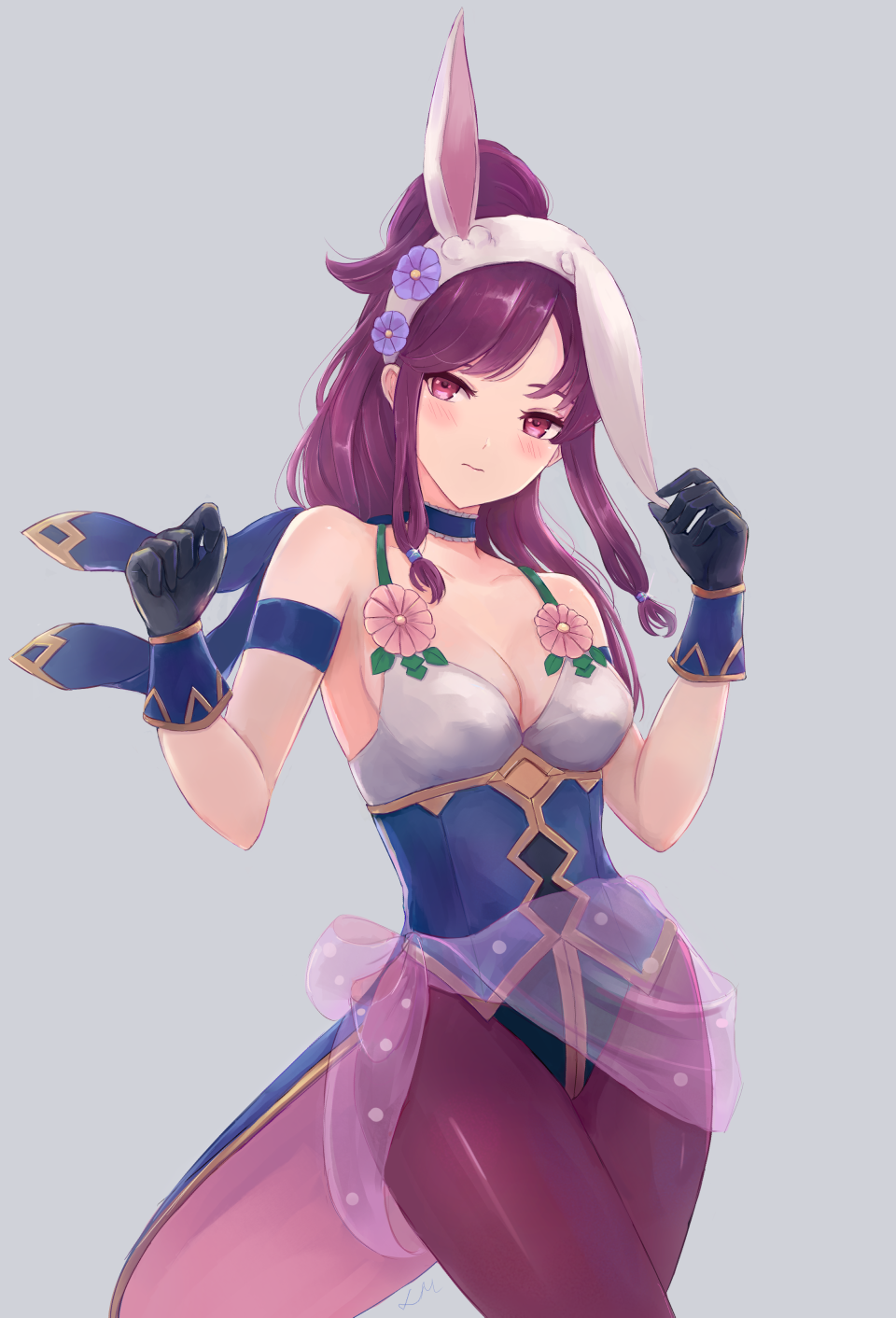 1girl animal_ears blush breasts choker cleavage closed_mouth fake_animal_ears fire_emblem fire_emblem:_seima_no_kouseki fire_emblem_heroes frilled_choker frills gloves grey_background highres leonmandala leotard marica_(fire_emblem) medium_breasts nintendo ponytail purple_hair rabbit_ears simple_background solo violet_eyes