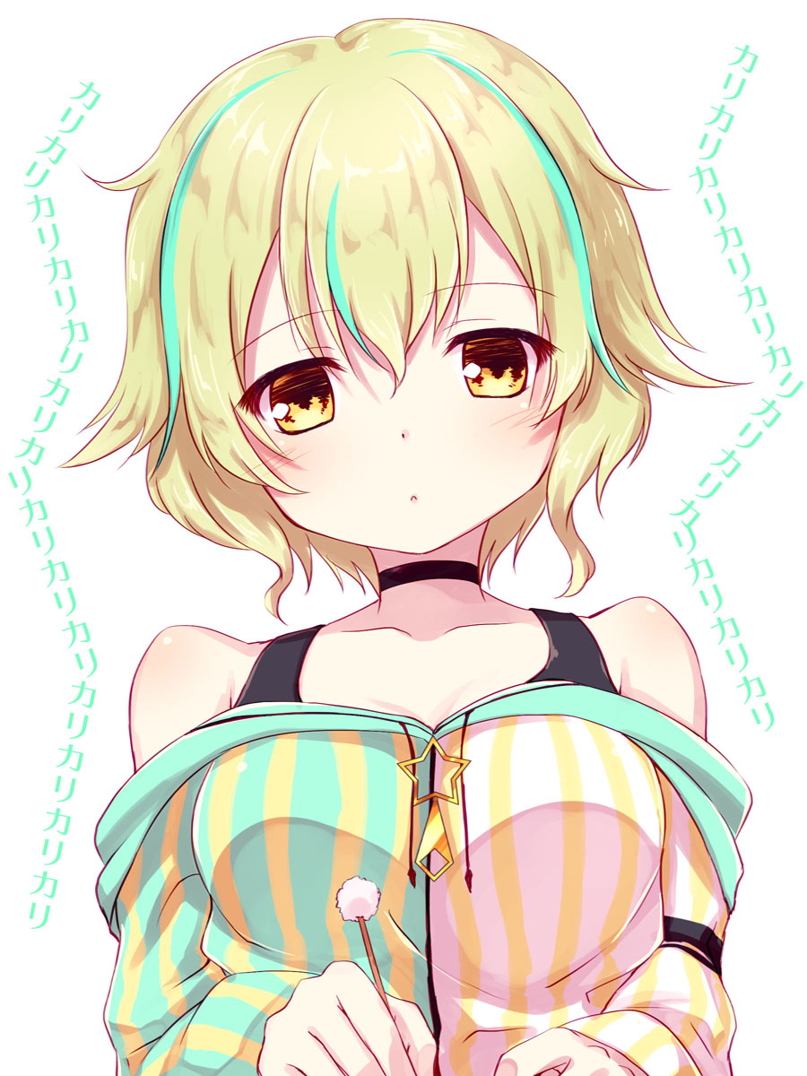 1girl bangs black_choker blonde_hair blush breasts brown_eyes character_request choker closed_mouth collarbone commentary_request eyebrows_visible_through_hair green_hair green_jacket hair_between_eyes head_tilt highres jacket medium_breasts mimikaki multicolored_hair off-shoulder_shirt off_shoulder ryuuseigun_project shirt short_hair solo streaked_hair striped upper_body vertical-striped_jacket vertical_stripes virtual_youtuber wasabi_rinne white_background white_jacket yuku_(kiollion)