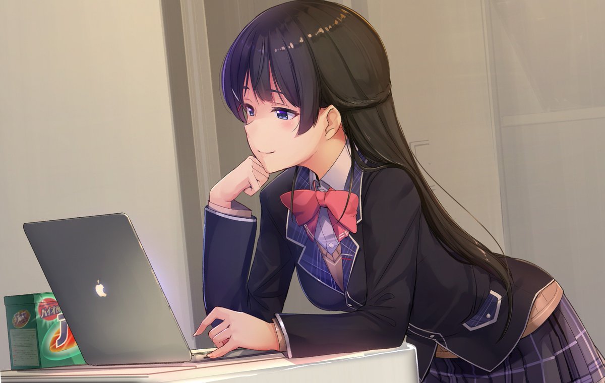 1girl akasaai apple_inc. bent_over black_hair black_jacket blue_eyes bow bowtie braid breasts commentary computer grey_skirt hair_ornament hairclip indoors jacket laptop light_switch long_hair long_sleeves looking_at_screen medium_breasts nijisanji plaid plaid_skirt pleated_skirt red_bow red_neckwear school_uniform screen_light shirt skirt smile solo sweater tsukino_mito virtual_youtuber white_shirt