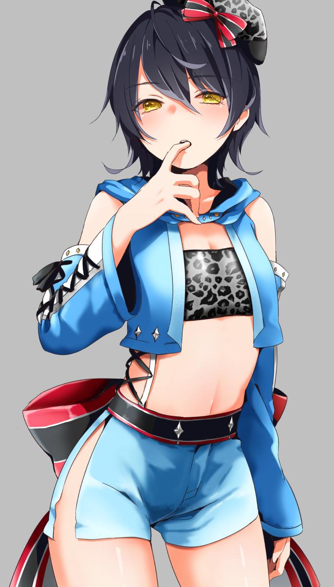 1girl ahoge akira_ry0 bandeau bangs bare_shoulders black_hair blue_jacket blue_shorts bow breasts cleavage cowboy_shot cropped_jacket detached_sleeves finger_to_mouth grey_background hair_between_eyes hair_bow hand_up hat hood hood_down hooded_jacket jacket kiratto_pri_chan kurokawa_suzu long_sleeves looking_at_viewer midriff navel open_clothes open_jacket parted_lips pelvic_curtain pretty_(series) red_bow short_hair shorts sidelocks simple_background small_breasts solo standing stomach thighs yellow_eyes