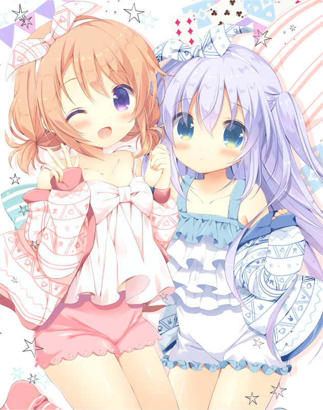 2girls ;d aono_ribbon bangs bare_shoulders blue_eyes blue_hair blush camisole card club_(shape) collarbone commentary_request diamond_(shape) dress eyebrows_visible_through_hair gochuumon_wa_usagi_desu_ka? hair_between_eyes hair_ribbon hand_holding hands_up hoto_cocoa jacket kafuu_chino light_brown_hair long_hair long_sleeves multiple_girls off_shoulder one_eye_closed one_side_up open_clothes open_jacket open_mouth pennant pink_legwear pink_shorts playing_card ribbon short_shorts shorts sleeveless sleeveless_dress sleeves_past_wrists smile socks star string_of_flags striped striped_legwear very_long_hair violet_eyes w white_camisole white_dress white_jacket white_ribbon