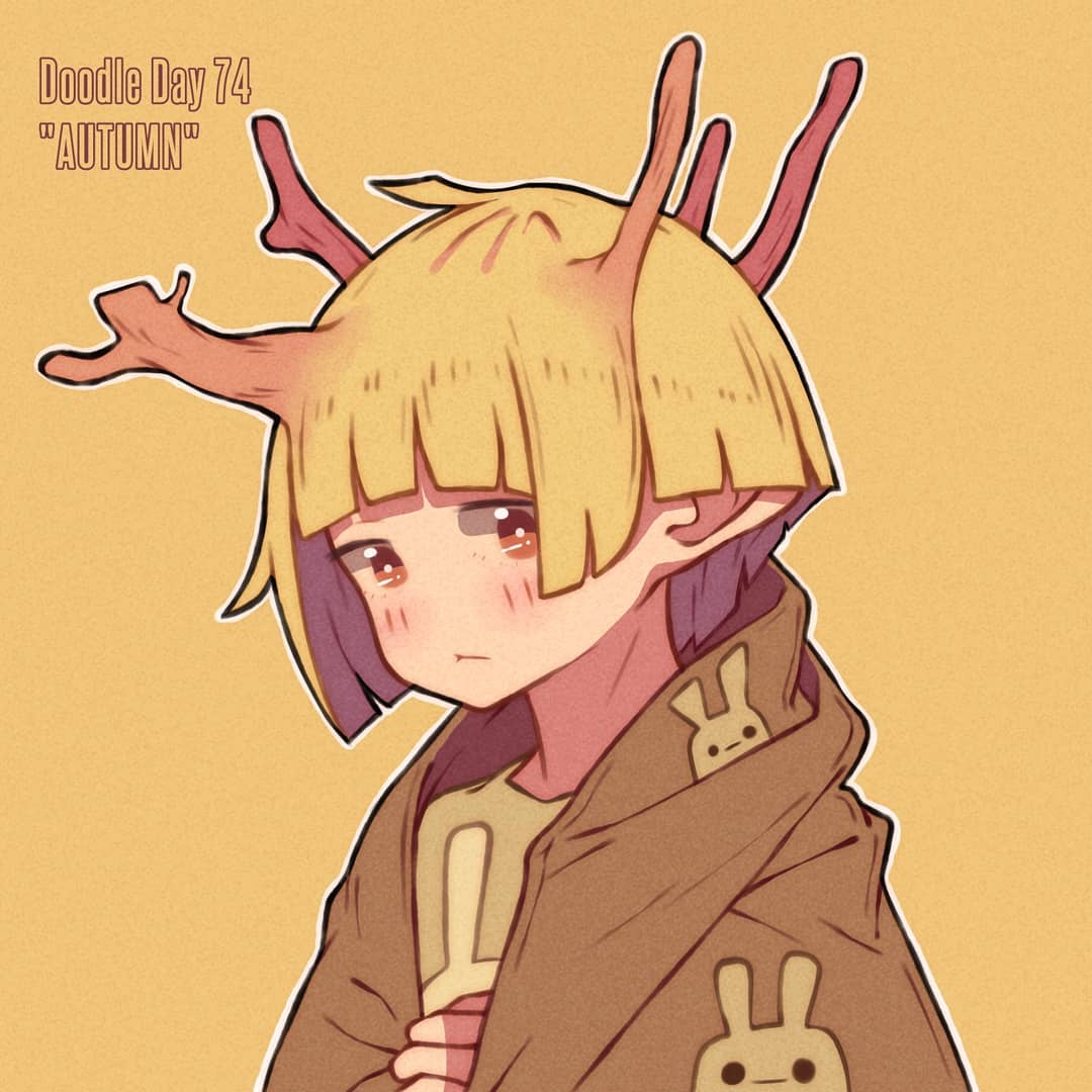 1girl autumn bangs blonde_hair blunt_bangs blush branch english_text hanaan horns looking_at_viewer no_nose orange_eyes original outline short_hair simple_background solo white_outline yellow_background