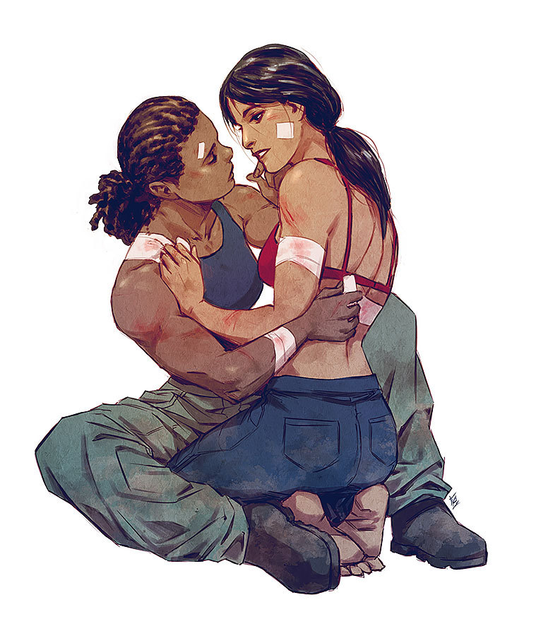 2girls back bandage bandaid bandaid_on_face bandaid_on_forehead barefoot black_hair blood boots bra breasts brown_hair cargo_pants chloe_frazer closed_eyes combat_boots commission cuts dark_skin full_body hairlocs imminent_kiss injury interracial kathryn_layno lips long_hair looking_at_another medium_breasts multiple_girls muscle muscular_female nadine_ross nose pants red_bra shirtless sleeveless tank_top uncharted uncharted:_the_lost_legacy underwear very_dark_skin white_background yuri