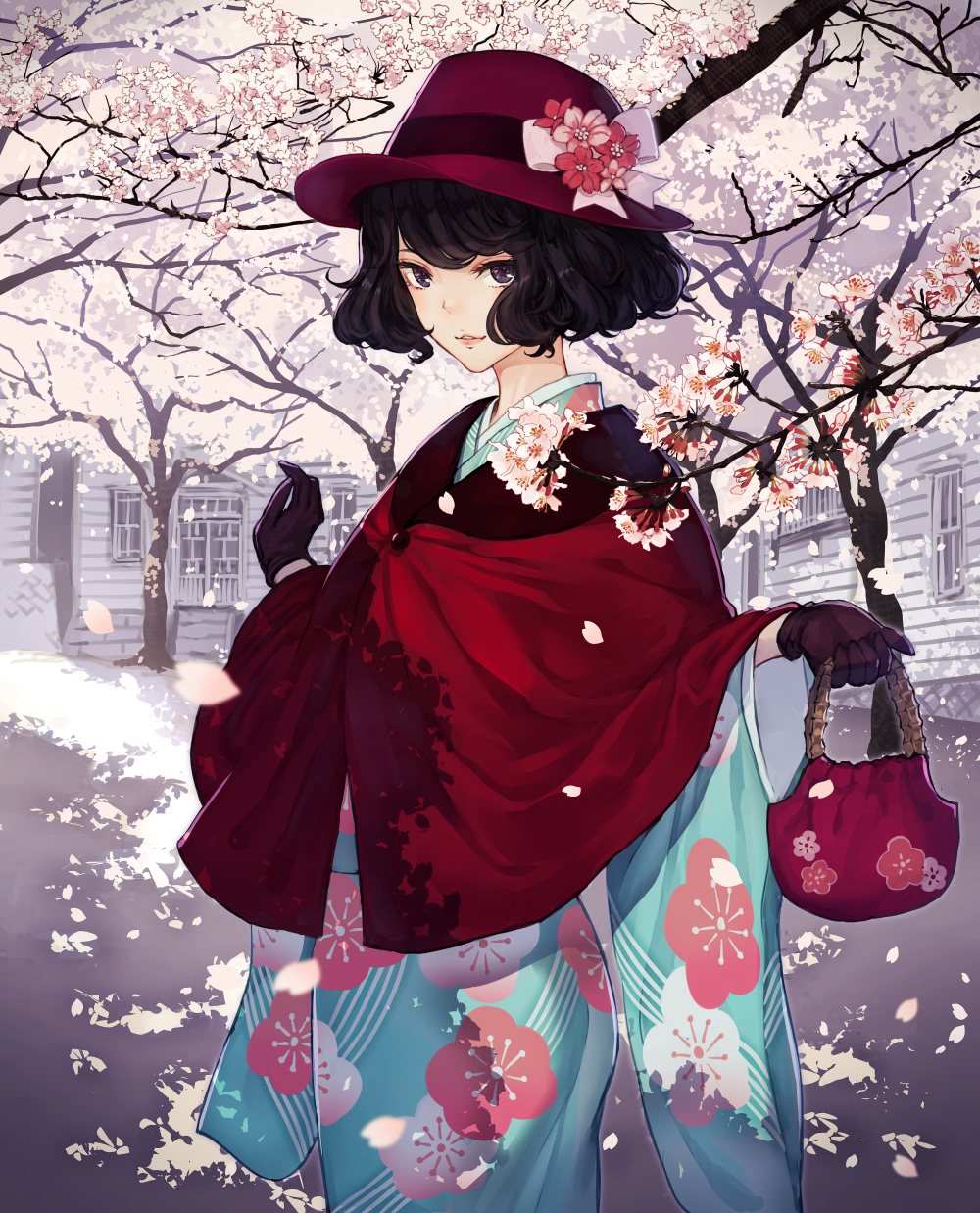 1girl bag bangs black_hair blue_kimono bow brown_gloves building capelet cherry_blossoms commentary_request floral_print flower gloves handbag hat hat_bow hat_flower highres holding holding_bag japanese_clothes kimono long_sleeves looking_at_viewer original parted_lips pink_flower print_kimono red_capelet red_flower red_headwear short_hair solo tree violet_eyes white_bow white_flower wide_sleeves window yasukura_(shibu11)