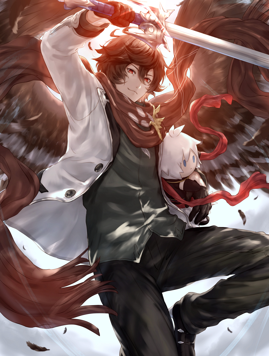 1boy alternate_costume brown_hair casual character_doll gloves granblue_fantasy highres jacket lucifer_(shingeki_no_bahamut) male_focus pants red_eyes sandalphon_(granblue_fantasy) scarf short_hair smile stuffed_toy sword tukune weapon wings