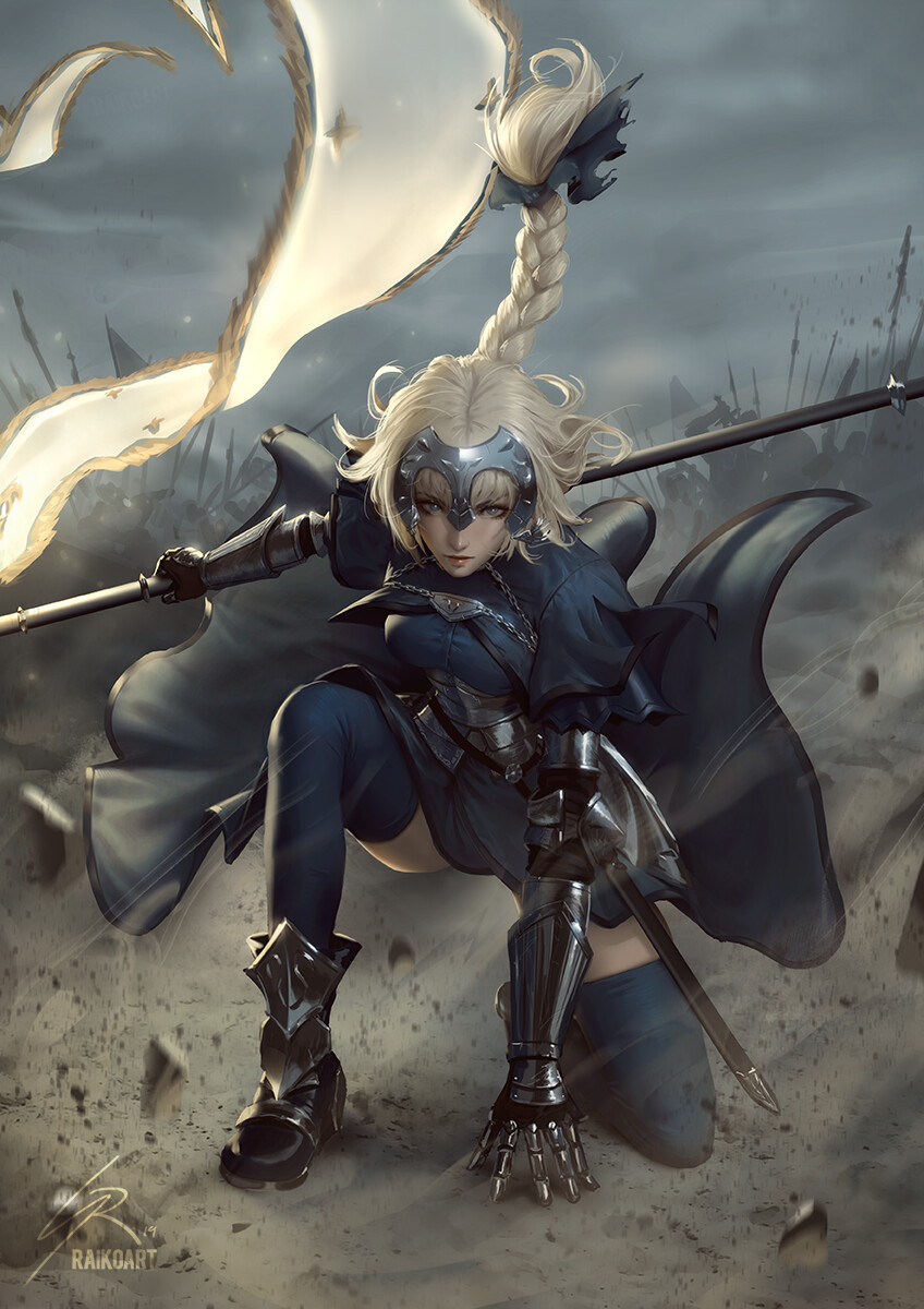 1girl armor armored_boots armored_dress army artist_name battle blonde_hair blue_eyes blue_legwear boots braid clouds cloudy_sky commentary dress english_commentary fate/apocrypha fate_(series) faulds floating_hair floating_rock gauntlets headpiece highres jeanne_d'arc_(fate) jeanne_d'arc_(fate)_(all) kneeling long_braid long_hair looking_at_viewer one_knee plackart raikoart rock signature single_braid sky solo_focus standard_bearer thigh-highs war