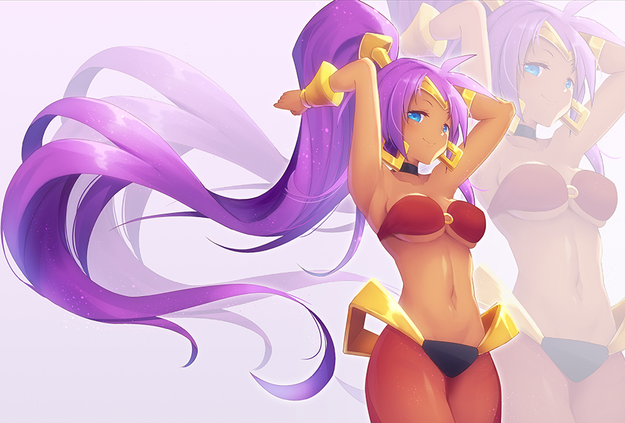 1girl armpits arms_up bandeau bare_arms bare_shoulders black_choker blue_eyes bracelet breasts choker circlet commentary_request cowboy_shot dark_skin harem_pants high_ponytail jewelry long_hair long_ponytail looking_at_viewer medium_breasts navel pants partial_commentary purple_background purple_hair red_pants shantae_(character) shantae_(series) simple_background smile solo standing stomach thighs very_long_hair z.o.b zoom_layer