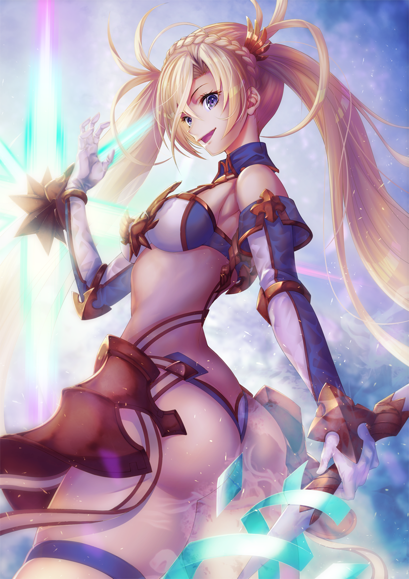 1girl arm_shield ass bangs bare_shoulders blonde_hair blue_eyes blush bradamante_(fate/grand_order) braid breasts cowboy_shot detached_sleeves elbow_gloves fate/grand_order fate_(series) floating_hair french_braid gloves hair_between_eyes hand_up holding_lance leotard light_particles long_hair looking_at_viewer medium_breasts open_mouth sidelocks skindentation sleeve_cuffs smile solo take_tw01 thigh_strap thighs twintails twisted_torso very_long_hair wind