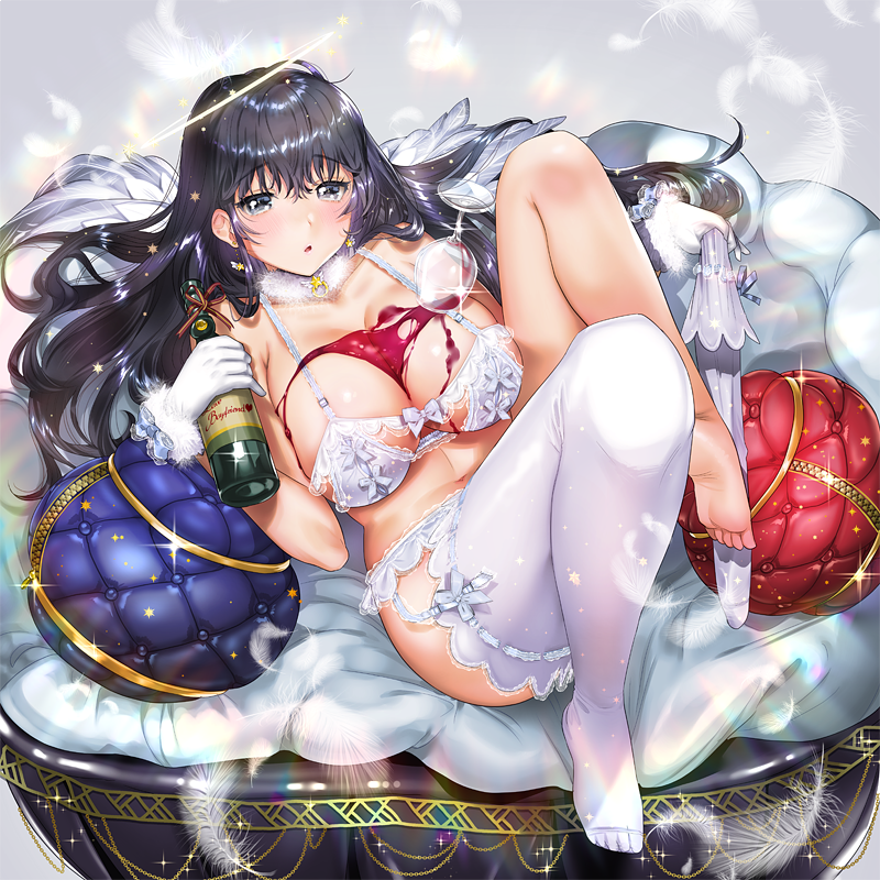 1girl alcohol angel angel_wings bad_feet bangs barefoot black_hair bottle bra breasts cleavage cup cushion drinking_glass earrings erect_nipples eyebrows_visible_through_hair garter_straps gloves grey_eyes hair_between_eyes jewelry large_breasts legs lingerie long_hair lying navel necklace ogino_atsuki on_back original panties single_thighhigh spill stomach thigh-highs thighhighs_removed underwear white_bra white_gloves white_legwear white_panties wine wine_bottle wine_glass wings