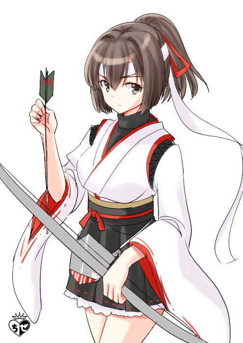 1girl arrow artist_logo bangs black_hakama black_shirt bow_(weapon) brown_eyes brown_hair chize closed_mouth cowboy_shot eyebrows_visible_through_hair hair_between_eyes hair_ribbon hakama hakama_skirt headband high_ponytail holding holding_arrow holding_bow_(weapon) holding_weapon ise_(kantai_collection) japanese_clothes kantai_collection kimono long_sleeves looking_at_viewer ponytail red_ribbon ribbon shirt short_hair simple_background solo standing undershirt v-shaped_eyebrows weapon white_background white_headband white_kimono wide_sleeves