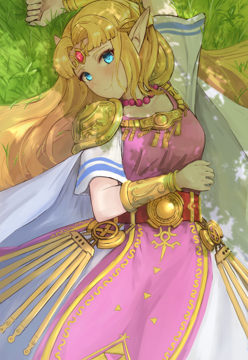 1girl arm_across_waist arm_up bead_necklace beads belt blonde_hair blue_eyes bracelet bracer dress grass highres ippers jewelry long_hair looking_at_viewer lying necklace nintendo on_back pink_dress pointy_ears princess_zelda shade shoulder_armor solo super_smash_bros. the_legend_of_zelda tiara triforce