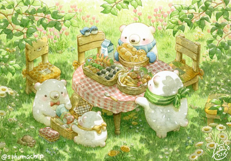 baguette bear bird black_eyes blush bow bowtie bread chair day food fork grass looking_at_another no_humans original outdoors picnic picnic_basket polar_bear red_bow red_neckwear scenery st.kuma tree