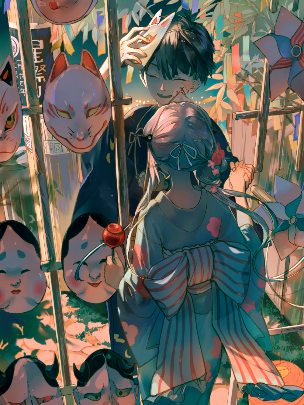 1boy 1girl black_hair bow candy_apple closed_eyes floral_print food fox_mask glycan grass hair_between_eyes hand_holding highres holding holding_candy japanese_clothes jibaku_shounen_hanako-kun kimono lantern mask mask_removed paper_lantern paper_windmill plant sign smile standing striped striped_bow white_bow