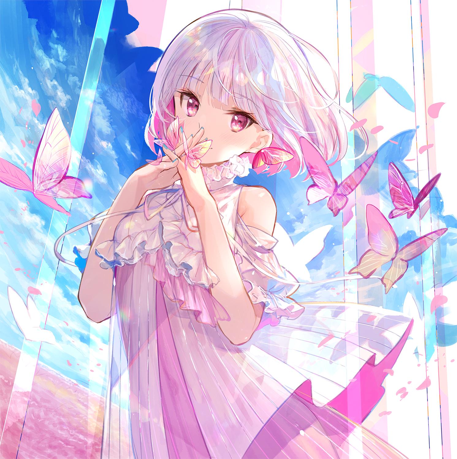 1girl bangs blue_sky blunt_bangs breasts bug butterfly clouds colorful commentary covered_navel dress frills fuji_choko highres insect jacket looking_at_viewer multicolored_hair original outdoors petals pink_dress pink_eyes pink_hair see-through shadow short_hair sky sleeveless smile solo two-tone_hair white_jacket