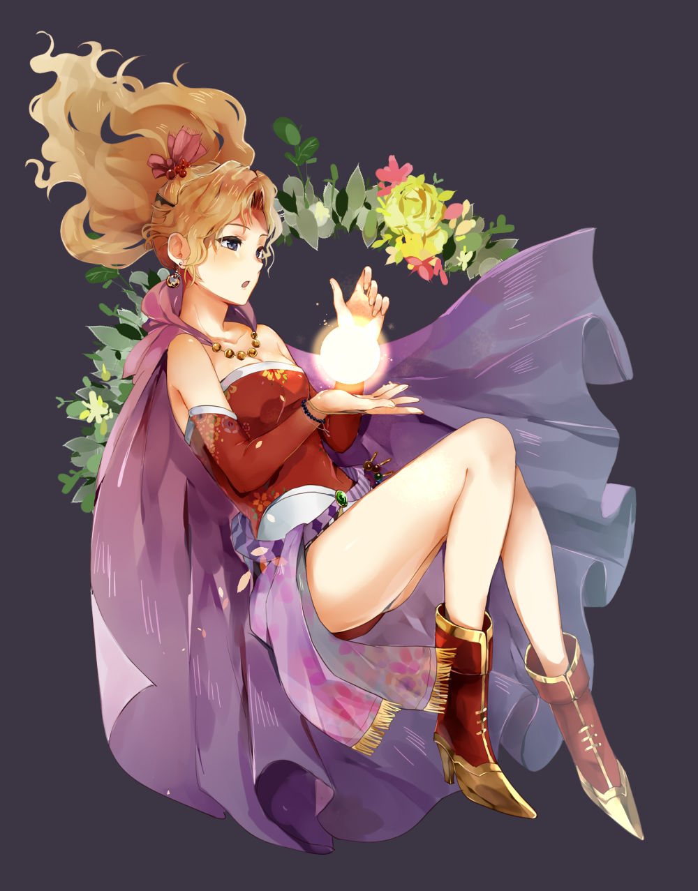 1girl aru_(18116319) blonde_hair blue_eyes bracelet breasts cleavage collarbone commentary_request detached_sleeves dress eyebrows_visible_through_hair final_fantasy final_fantasy_vi floating_hair floral_print full_body hair_ornament high_heels highres jewelry long_hair long_sleeves necklace pink_background pink_ribbon ponytail print_dress print_sleeves red_dress red_sleeves ribbon short_dress sleeveless sleeveless_dress small_breasts solo strapless strapless_dress tina_branford tube_dress wet_hat yellow_capelet