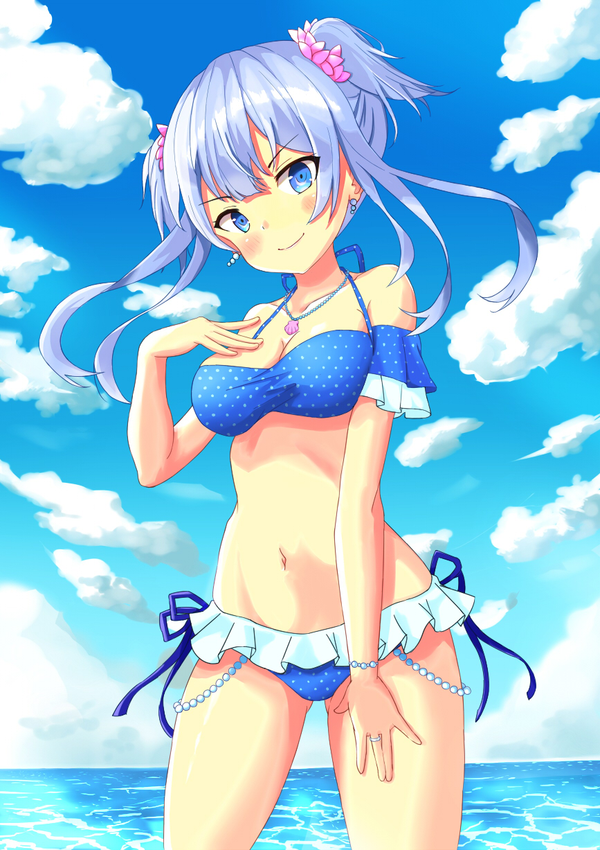 1girl alternate_hairstyle beach bikini blue_eyes blue_hair blush breasts cleavage closed_mouth clouds cloudy_sky collarbone earrings frilled_bikini frills highres jewelry looking_at_viewer magia_record:_mahou_shoujo_madoka_magica_gaiden mahou_shoujo_madoka_magica medium_breasts minami_rena navel ocean ring seashell_necklace short_hair_with_long_locks sky smile solo standing swimsuit